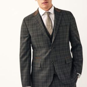 SYN288 Grey Tailored Fit Trimmed Check Suit