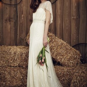 SYN243 Beaded Boho Wedding Dress with Open Back
